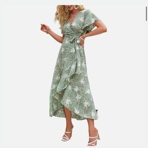 Elegant Green Floral Wrap Dress